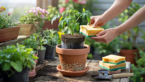 Ingenious Spring Idea: Saving Thirsty Plants with a Kitchen Sponge